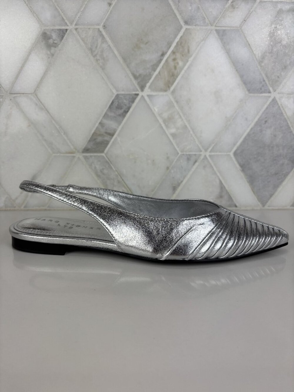 7.5M Marc Fisher Dalatee Silver Ruched Gathered Pointed Toe Slingback Flat Shoe - Picture 4 of 14